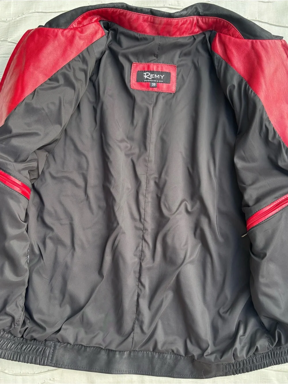 Remy Men's Lambskin Leather Bomber Jacket Black Red Trim Sz 38 Small Like New